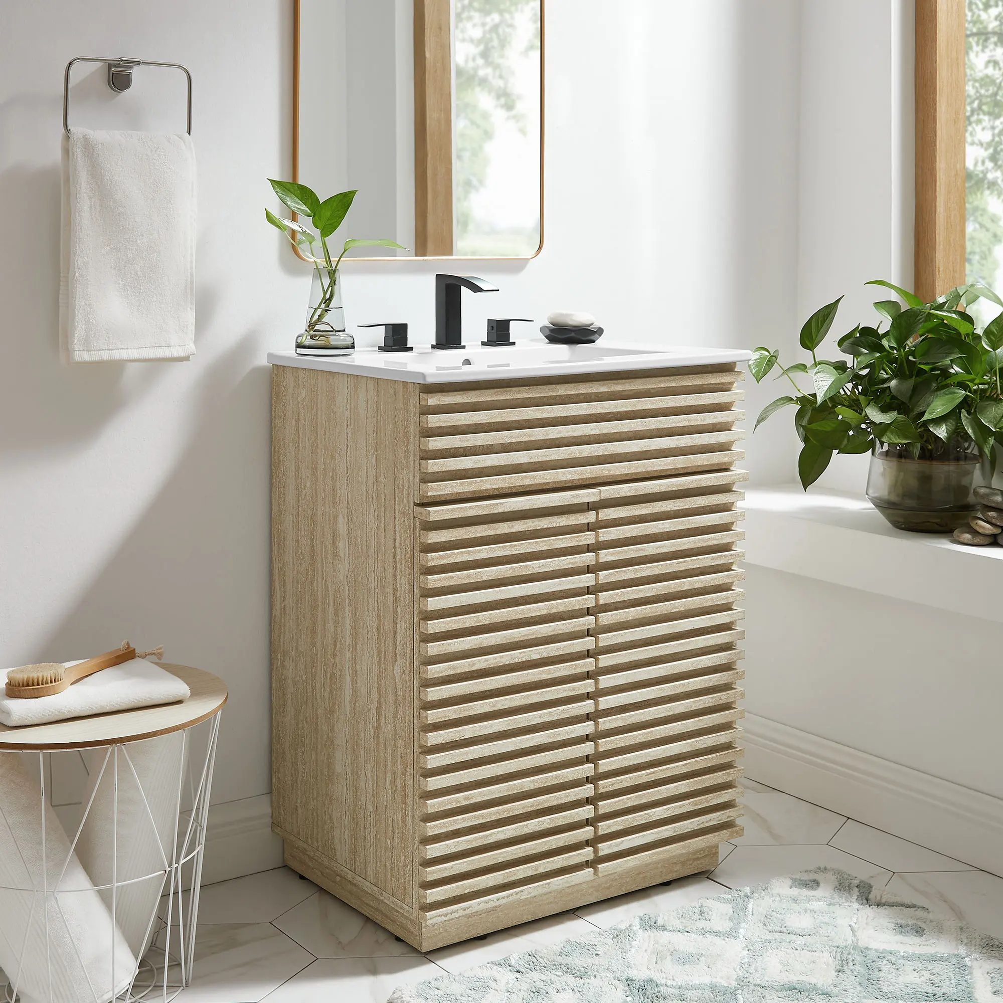 24" Modern Faux Travertine Bathroom Vanity Set with Sink, White Finish, Built-In Storage