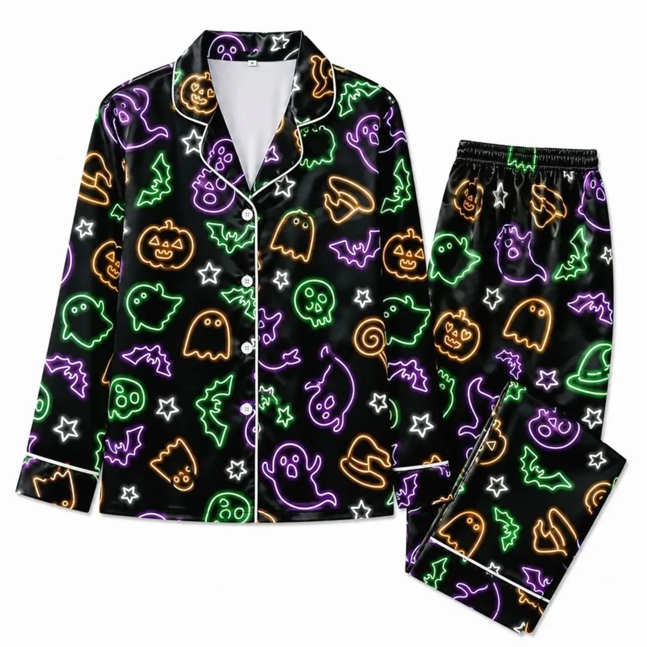 Women's Satin Pajama Set Halloween Neon Ghost Print Long Sleeve Sleepwear