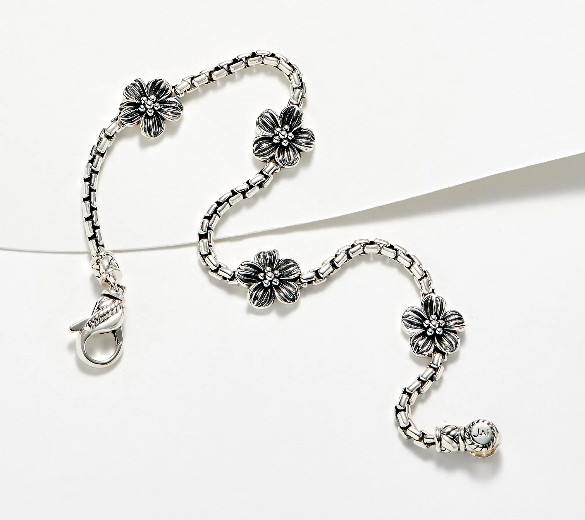 JAI Sterling Silver Symbols of Love Box Chain Station Bracelet