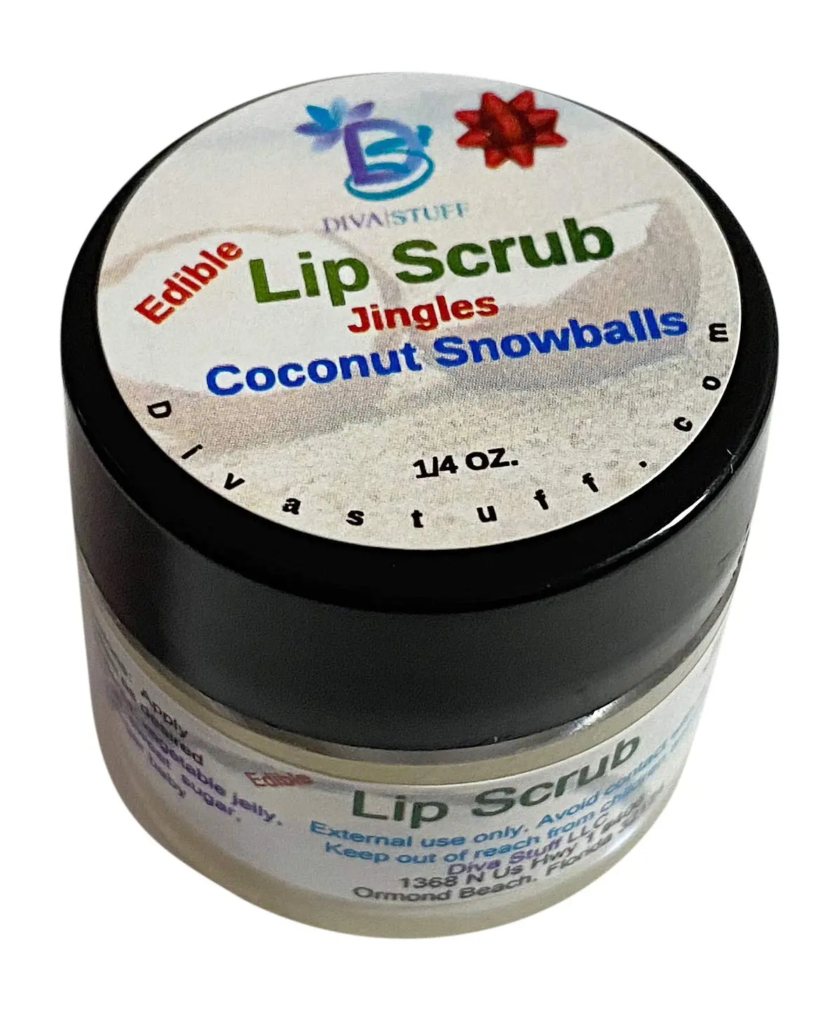 Diva Stuff Jingles Coconut Snowballs Lip Scrub, Moisturizing, Exfoliating, Repairing and Softening, Tastes Amazing , Natural Ingredients and Made in the USA, .25 Oz Jar