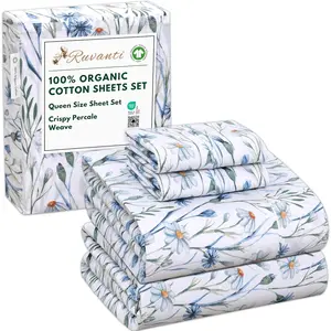 100% Organic Cotton Sheets Queen Size, Percale Weave, GOTS Certified, 4-Piece Set, 15" Deep Pocket, Crisp & Breathable, Soft Durable Bedding, Sábanas Algodón Orgánico – Daisy Bud