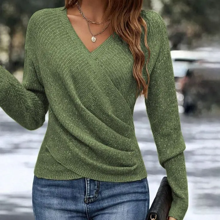 Women's Long Sleeve Sweater V-neck long sleeve cross-over solid color knitted sweater