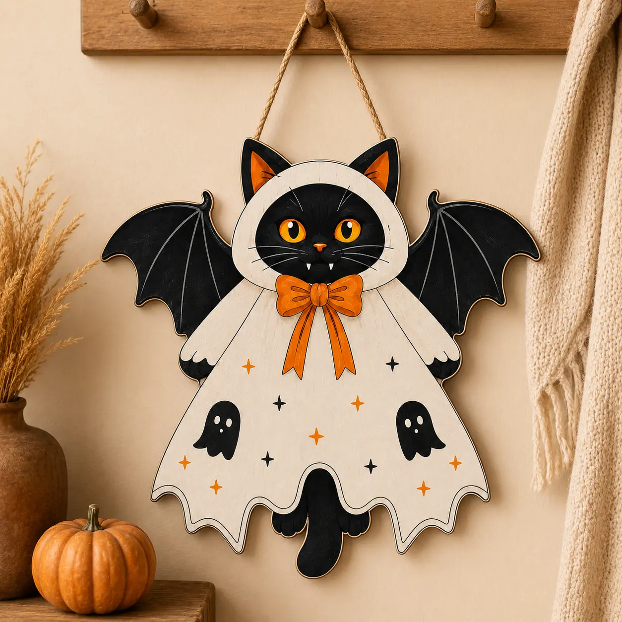 Vampire Black Cat Halloween Wreath, Gothic Bat Wooden Door Sign, Spooky Witch Cat Front Door Decor