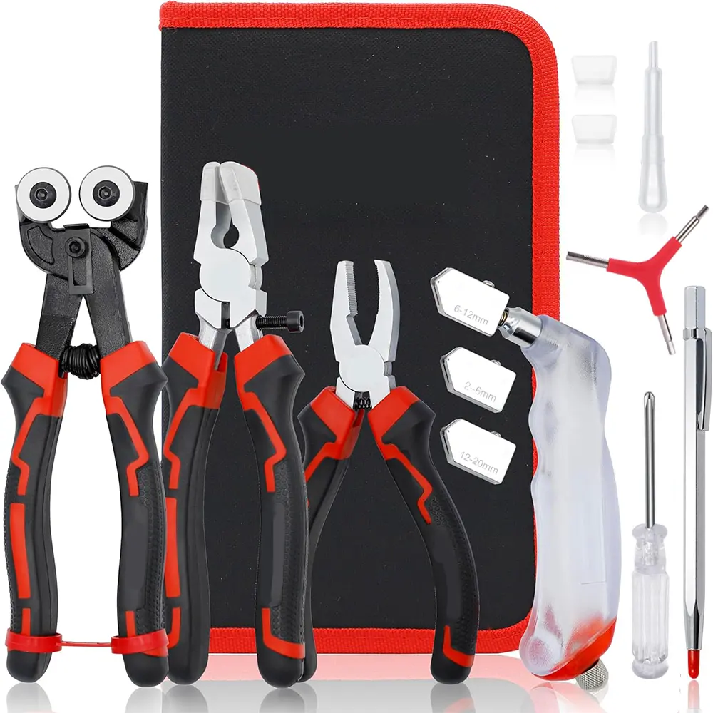 1 Set Glass Cutting Tool,Glass Cutter 2-20MM,8" Tile Nippers,8" Glass Running Pliers with Curved Jaws,6" Breaker Grozer Pliers,Glass Cutter Kit for Stained Glass,Tiles,Mosaic Cutting,Hand Tools Kits