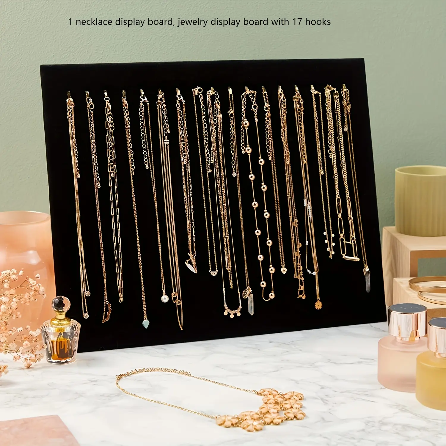 1pc Necklace Display Board, Sturdy Organized Jewelry Display Board With 17 Hooks, Necklace Standing Plate Made Of Cardboard And Black Velvet, Suitable For Flash Shop Bracelets, Anklets, Necklaces, Chains And Choker Display Sales (Jewelry Not Included)
