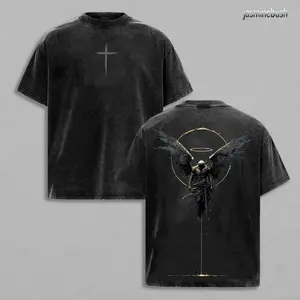 ARCHANGEL OF REPENTANCE T-Shirt Acid Wash Pump Cover Fallen Angel Double Printed Heavy Cotton Unisex Crusader Armor Graphic Tee, Vintage Cross Shirt, Medieval Warrior Streetwear,Gothic Faith Oversized Tee