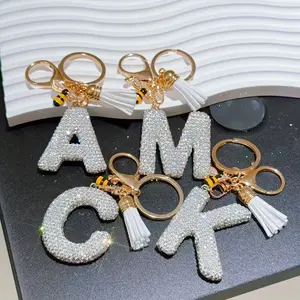 Rhinestone Letter Keychain A–Z – Cute Bee & Tassel Charm, Trendy Lucky Initial Key Ring for Women, Fashion Accessory for Car Keys, Backpack, Handbag, Daily Use Gift