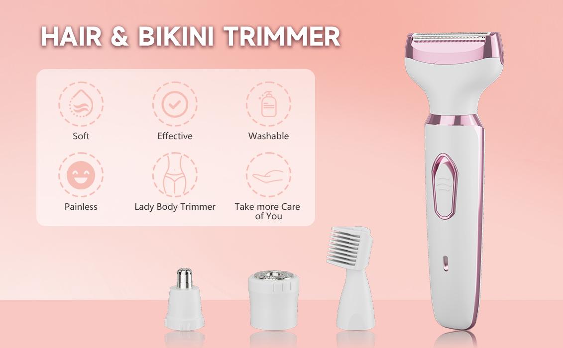 Women's Electric Shaver - 4-in-1 Waterproof Bikini Trimmer & Body Hair Remover, Painless Pubic Underarm Leg Hair Removal, Eyebrow Nose Trimmer Attachment, USB Rechargeable Cordless Razor for Sensitive Areas, Smooth Shaving Gift Kit