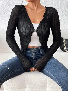 Women's Solid Color Open Front Sheer Crop Cardigan, Casual Long Sleeve Cropped Knitwear for Spring & Fall, Fashion Women's Knit Clothing for Daily Wear, Tops, Breathable Casual Top