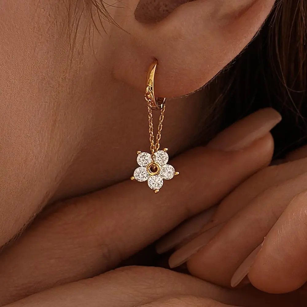 modmints Dainty Flower Huggie Hoop Earrings for Women - Hypoallergenic, Safety Dangle Artificial Diamond Earrings with Elegant Design, Minimalist Bridesmaid Christmas Gift, Earring For Women