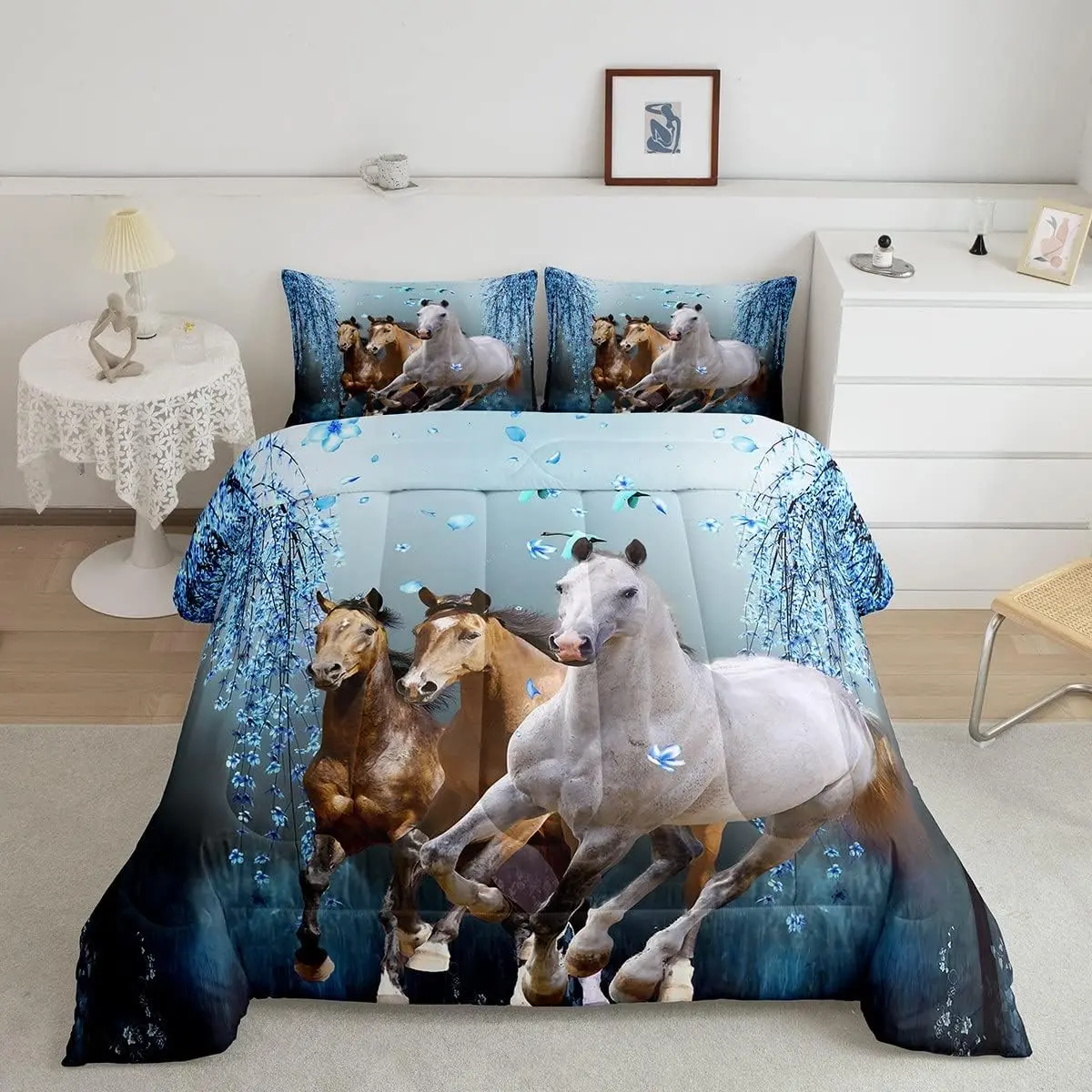 Feelyou Microfiber Horse Comforter Set - Cherry Blossom Branches Steed Design, Dreamy Blue Luxury Bedding, 3D Wild Animal Decor Quilt, Soft Microfiber, Breathable Warmth, Multi-Size Soft Bedding Sets, Microfiber Bedding Set, Horse-Themed Duvets