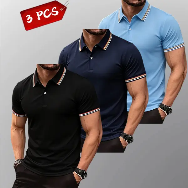 Men’s Summer 3-Pack Polo Shirts – Moisture-wicking, breathable fabric, striped sleeve details, casual golf and office wear