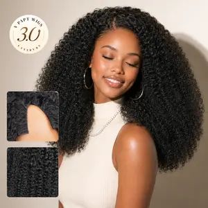 Arabella Upgraded V-Part Wig Invisible Strap Natural Black Afro Kinky/Burmese Curly 100% Human Hair Real Hairline Glueless Wig Scalp Protection with Crochet Hair