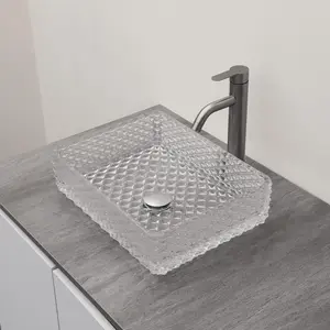 Lordear 17" Glass Bathroom Vessel Sink Vanity Countertop Rectangular Bowl with Chrome Pop up Drain Set,Glass Art Basin,Clear