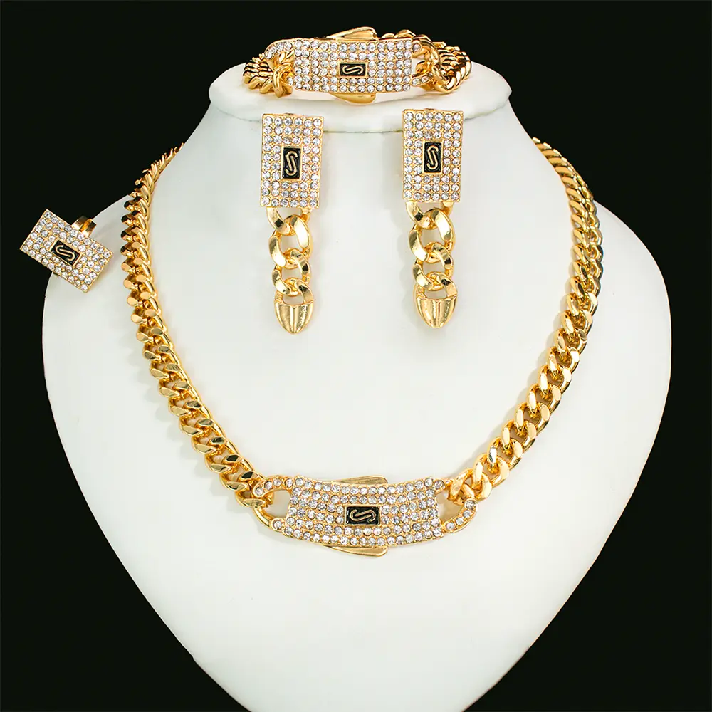 Italian Fashion 18K Gold Plated Jewelry Set For Women Classic Design Cuban Chain Necklace Earrings Bracelet Ring Party Banquet Accessories Ideal Gift