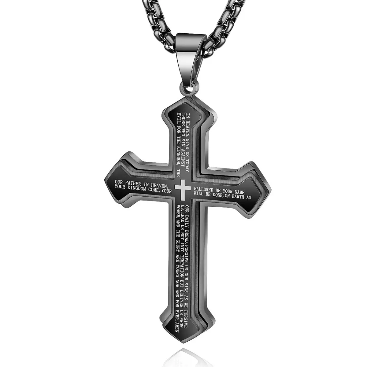 Men's Stainless Steel Lord's Prayer Cross Pendant Necklace with 24" Strong Cross Chain Design, Faith Necklace, Spiritual Jewelry, Bible Verse Piece, Exquisite Jewelry Gift for Men Women, Bible Verse Cross Necklaces