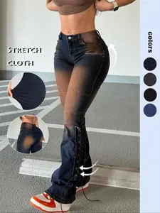 Women's Faded Pocket Button Fly Flare Leg Stretchy Jeans, Casual Street Comfy Lace Up Trousers for Daily Wear, Ladies Bottoms for All Seasons