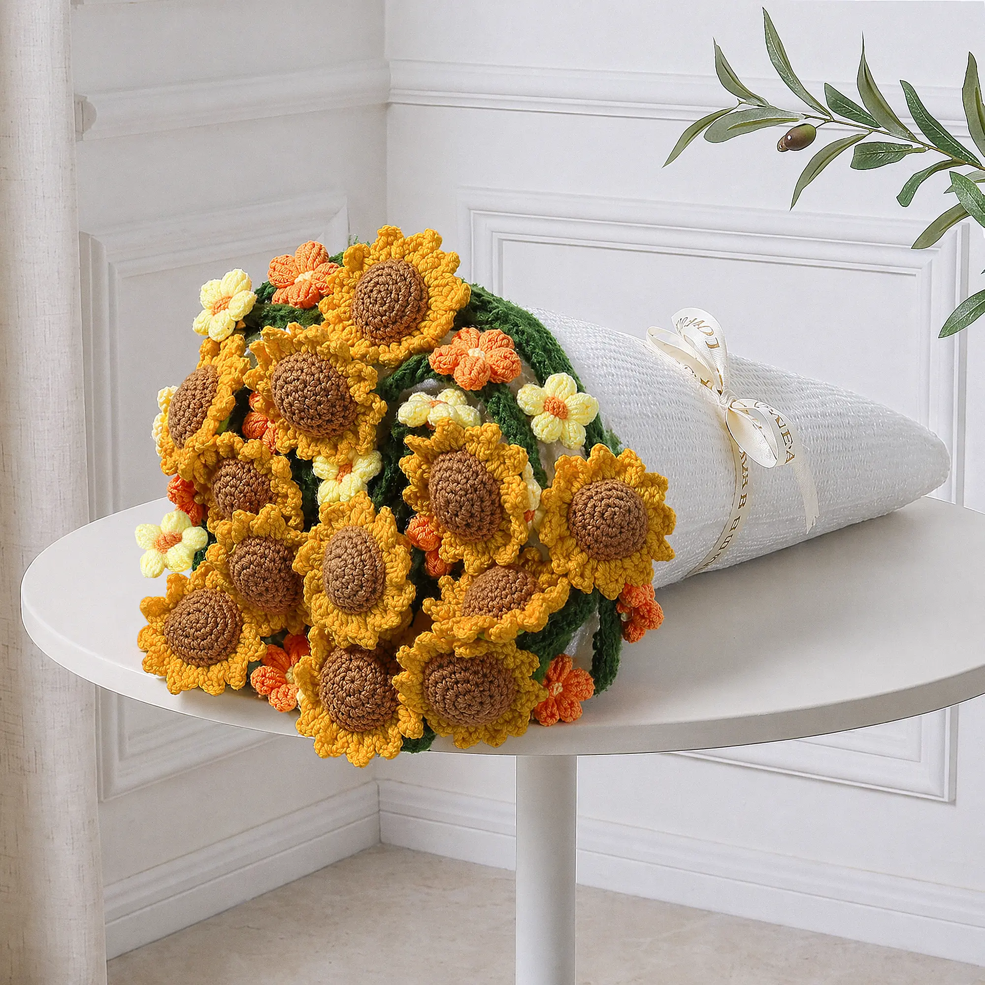 Ivydale Knitted Flower Throw Floral Bouquet Blanket, 43inch Handmade Crochet Blanket with Sunflowers, Cute Romantic Gift for Her Girlfriend Mom Mother’s Day Valentine Wedding Anniversary Birthday, Yellow