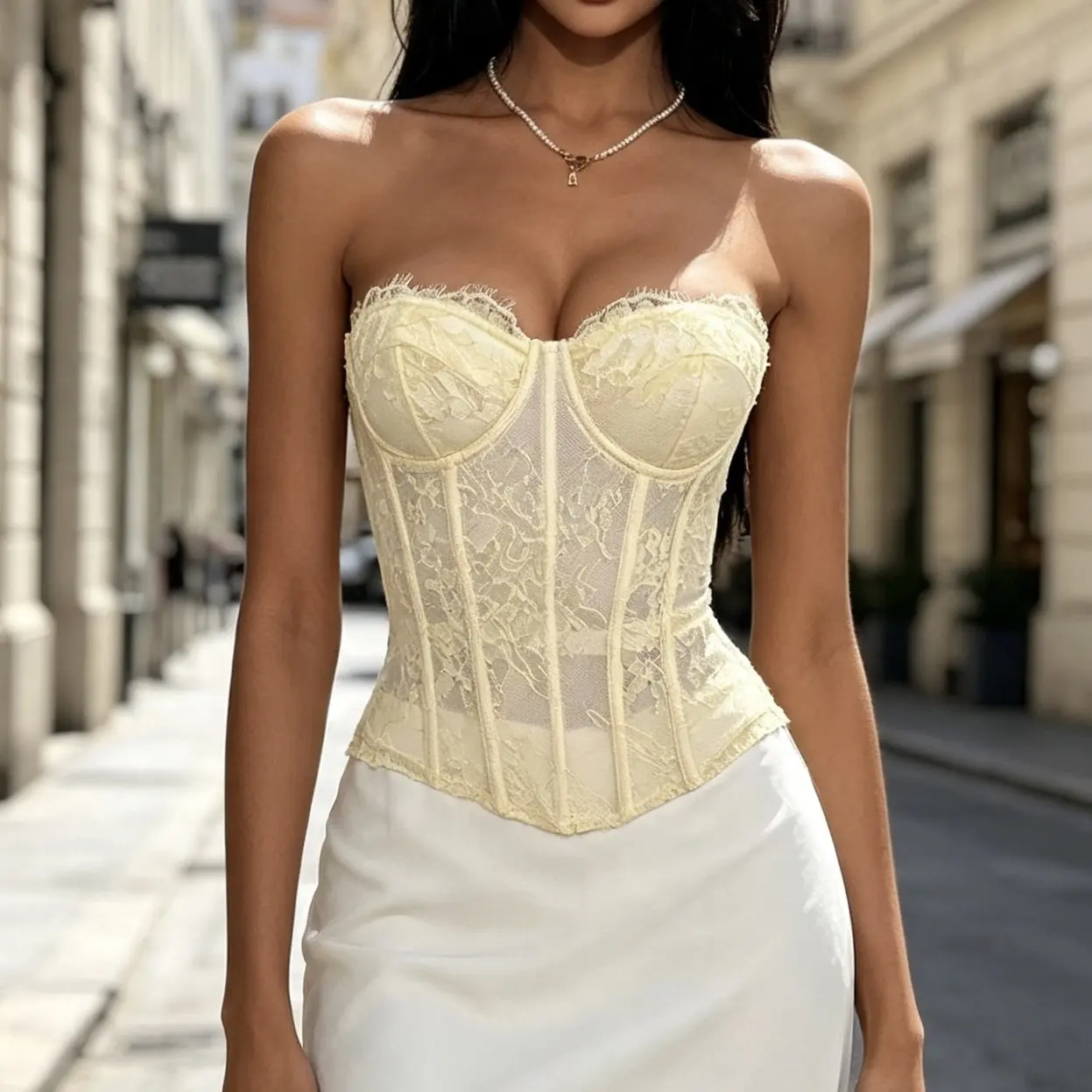 Women's Sheer Lace Strapless Boned Bustier - Boxy, Sweetheart Neck, Corset Back Cross Tie, Shaping, Party Layering Top