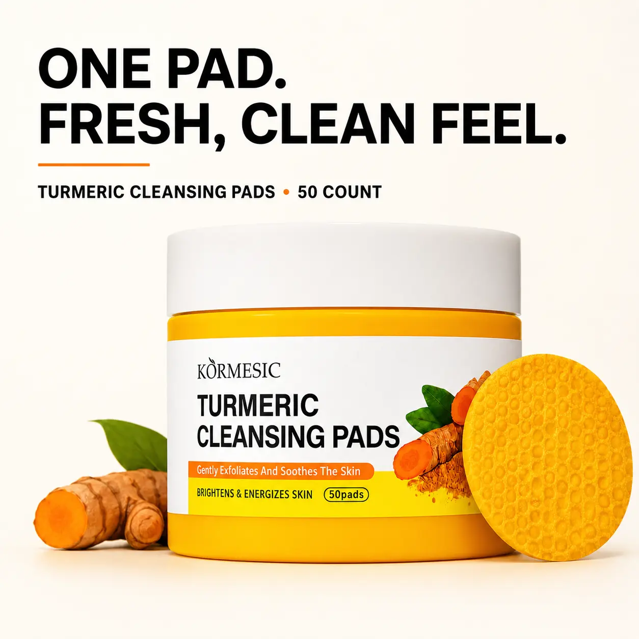 Turmeric Kojic Acid Cleansing Pad - An exfoliating and brightening pad containing vitamins B3, C, and E, suitable for daily facial skincare (50 tablets)