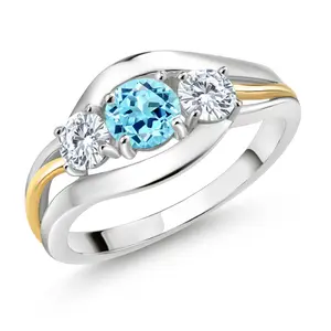 Gem Stone King 925 Silver and 10K Yellow Gold Blue Apatite and White Moissanite 3-Stone Ring For Women | 0.96 Cttw | Round 5MM and 4MM | Two-Tone Split-Shank Wedding Anniversary Promise Ring