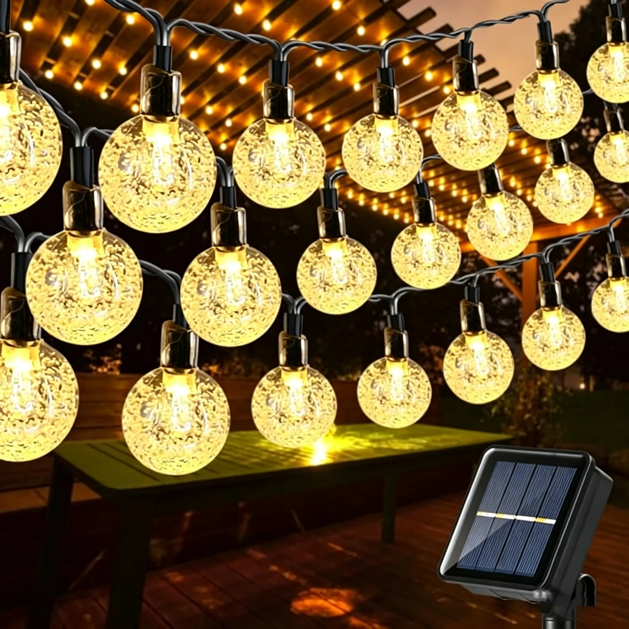 Outdoor Solar Crystal Ball String Lights – Waterproof (IP65) design with 8 lighting modes; suitable for decorating courtyards, gardens, weddings, porches, parties, and Easter trees—a perfect holiday gift. (Warm White)