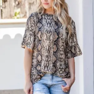 Women's Python Print Flare Sleeve Blouse Top Cotton Shirts