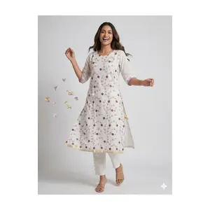 Kurthitop-6 White Floral Vine Printed Kurti | Round Neck | 3/4 Sleeves | Everyday to Festive Wear