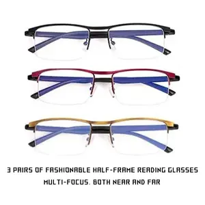 3-pack 2-in-1 progressive multifocal reading glasses, classic and stylish, dual-use design, ultra-light flexible TR temples, anti-glare, +1.0 to +4.0 prescription range, metal semi-rim rectangular frame