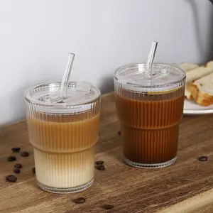 4/2/1 Pack 450ML Striped Glass Cups with Lid and Straw, Durable Reusable, Ideal for Iced Coffee, Smoothies, Cocktails, Juice