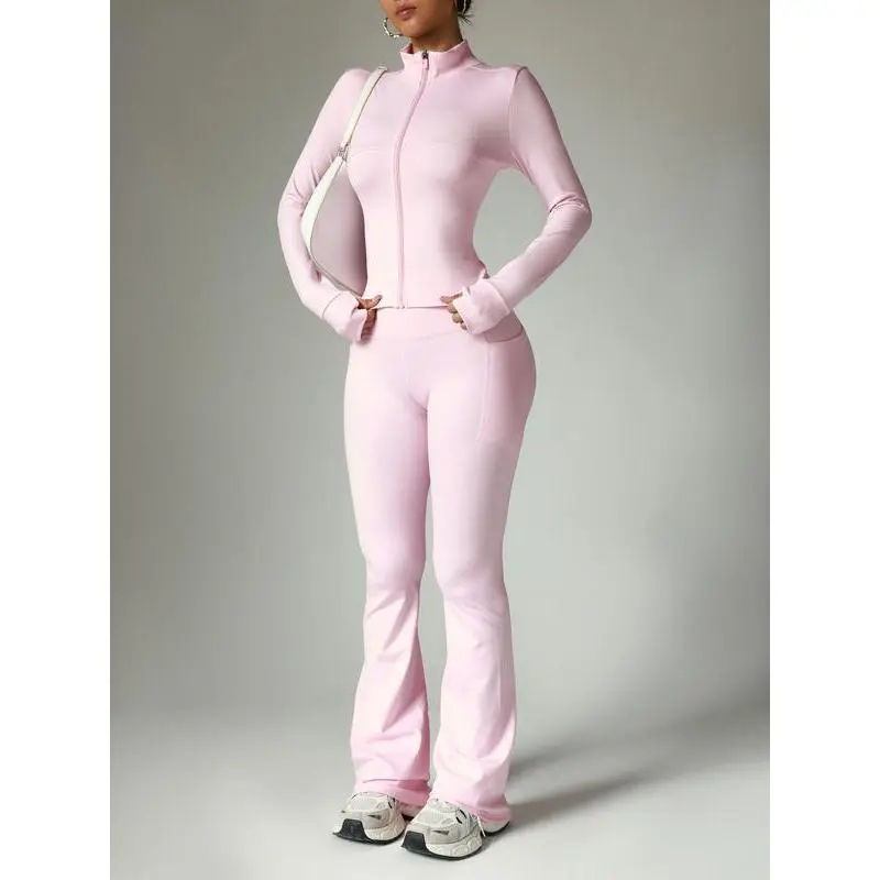 Women's Solid Color Zipper Jacket & Pocket Flare Pants Set, Sweatsuit Set, Perfect for Yoga Gym Outdoor Sports, Comfortable Breathable Autumn Winter Women's Solid Color Zipper Jacket & Pocket Flare Pants Set, Sweatsuit Set, Perfect for Yoga Gym Outdoor Sports, Comfortable Breathable Autumn Winter
