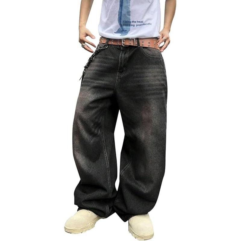 HUNGSON Men's Baggy Cotton Denim Jeans - Elastic Waist, Wide Leg, Relaxed Oversized Fit, Below-Ankle Length, Y2k Skater, American Retro, Androgynous Vintage Plain, All-Seasons Casual Streetwear, Blue Hip Hop Bottoms (S, XL) - Men's Clothing