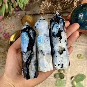 Rainbow Moonstone Column Decorative Crystal for Office Bedroom Desk, Feng Shui Positive Energy Gift, Crystal Carvings Decorations, Unique Home Decoration for Collection and Festival Gifts, Natural Crystals