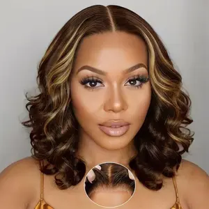 Bob Wig Human Hair 13x4 Highlight Body Wave Lace Front Wigs Human Hair 200 Density HD Lace Frontal Wig Human Hair Ombre 4/27 Brown and Honey Blonde Glueless Balayage Short Bob Wigs for Women 14 Inch