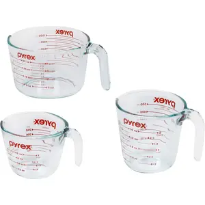 Pyrex Essentials 3-Pack Glass Measuring Cups Set 1 2 & 4 Cup Preheated Oven Dishwasher Freezer Microwave Safe for Baking Cooking