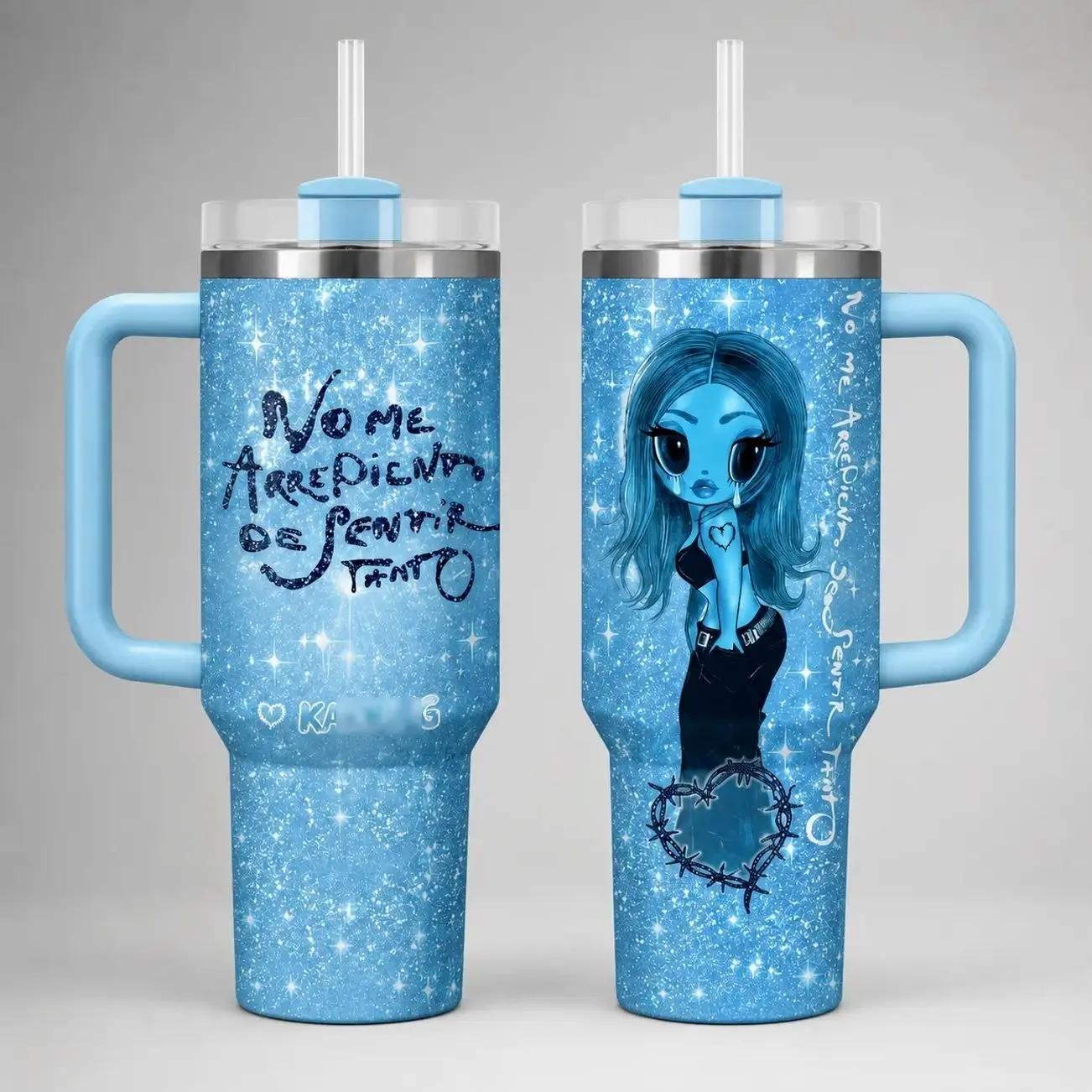 40oz/ 30oz/ 20oz Blue Sparkle Tumbler with Straw, New Album No Me Arrepiento De Sentir Tanto Insulated Stainless Steel Travel Cup, Aesthetic Girl Graphic