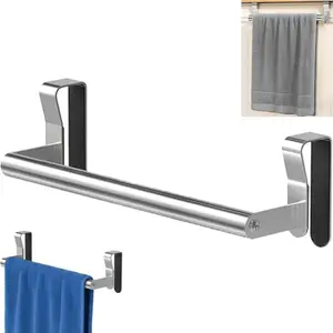 Stainless Steel Kitchen Cabinet Door Towel Rack, No Drilling Back Hook Towel Holder, Towel Hooks, Space-Saving Installation, Easy to Install