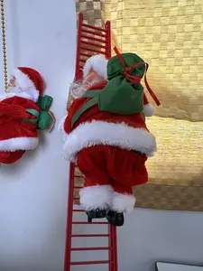Musical Santa Claus Climb with Red Ladder and Green Bow Christmas Decoration
