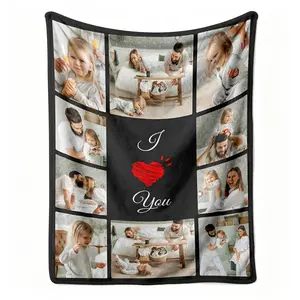 Custom Family Photo Flannel Throw Blanket, Personalized I Love You Collage Pattern Soft Cozy Warm Nap Blanket for Couch Bedroom, Customized Gift for Family, Christmas Birthday Anniversary Present