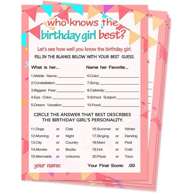 Birthday Girl Question Card, Birthday Party Activity Game Card, Birthday Girl Personality Quiz, Birthday Party Cards, Birthday Party Accessories for Girls, Party Supplies