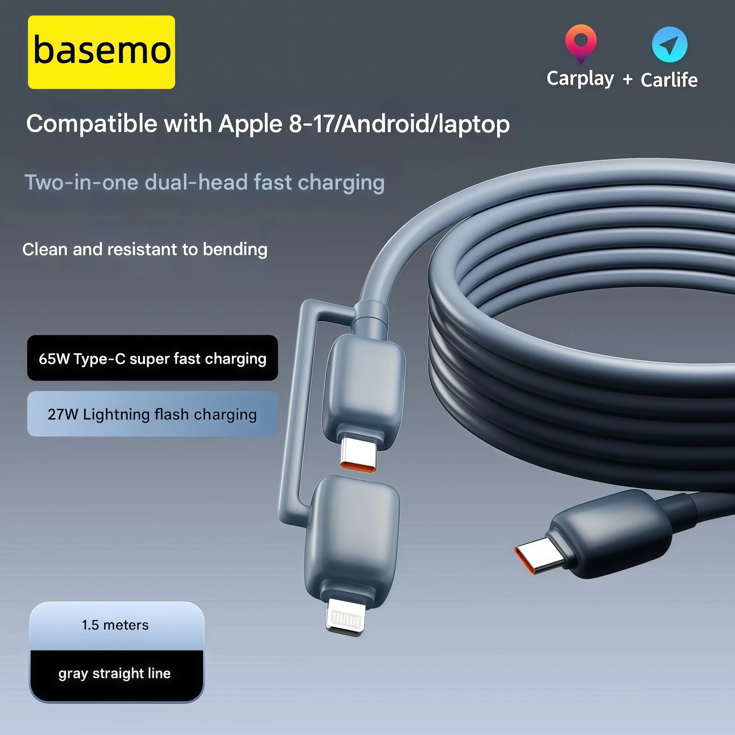 basemo 240W Super Fast Charging 2-in-1 Cables Multi Device Charger - Durable, Tangle-Free for iPhone 17 Pro Max, 16 Pro, Samsung, Huawei & Laptops