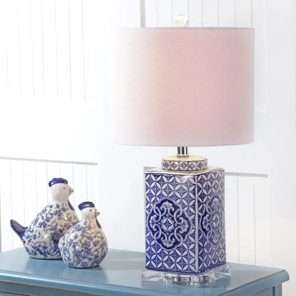 JONATHAN Y Choi Chinoiserie LED Table Lamp - LED Desk Lamp, Home Decor Light with Acrylic Base, Drum Shade, On-Off Switch for Bedroom, Living Room, Foyer