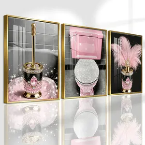 3 Counts Aluminum Alloy Framed Painting, Luxury Pink Diamond Feather Toilet Brush Set Pictures, Home Decoration For Living Room, Bedroom, Office, Restaurant, Hallway Wall Decor, Odorless Print Artwork, Luxury Perfect Gift For Friends And Family