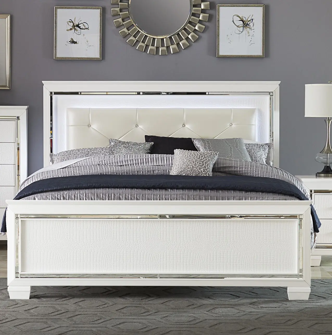 Bellemave Queen Size LED Bed Frame - 1pc Classic Tufted Upholstered Bedroom Furniture, White Finish, Faux Alligator Embossed Panels, Large Upholstered Bed with LED Lights, Queen Size Beds