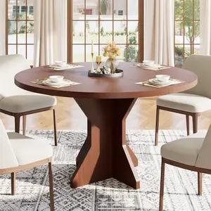 YJ-Garvee Round Dining Table 1pcs, 47" Diameter, Seats 4-6 People, Sturdy Pedestal Base, Space-Saving Design, Ideal for Dining Room, Kitchen, Living Room, or Apartment, Walnut Finish