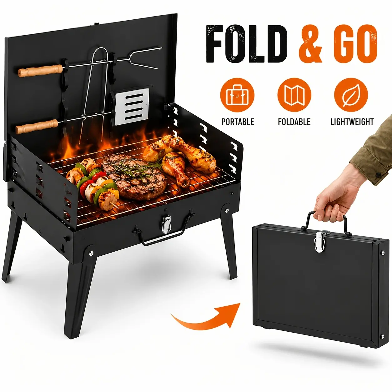 Tailgating & Camping Charcoal Grill - Folding Tabletop BBQ Grill with Tools Kit