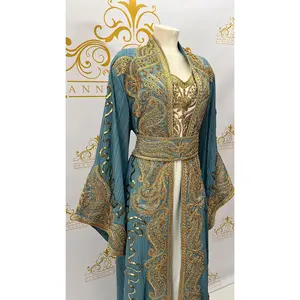 Kaftan Dress 3 Pcs. Golden Embroidery & Beads Paisley Design