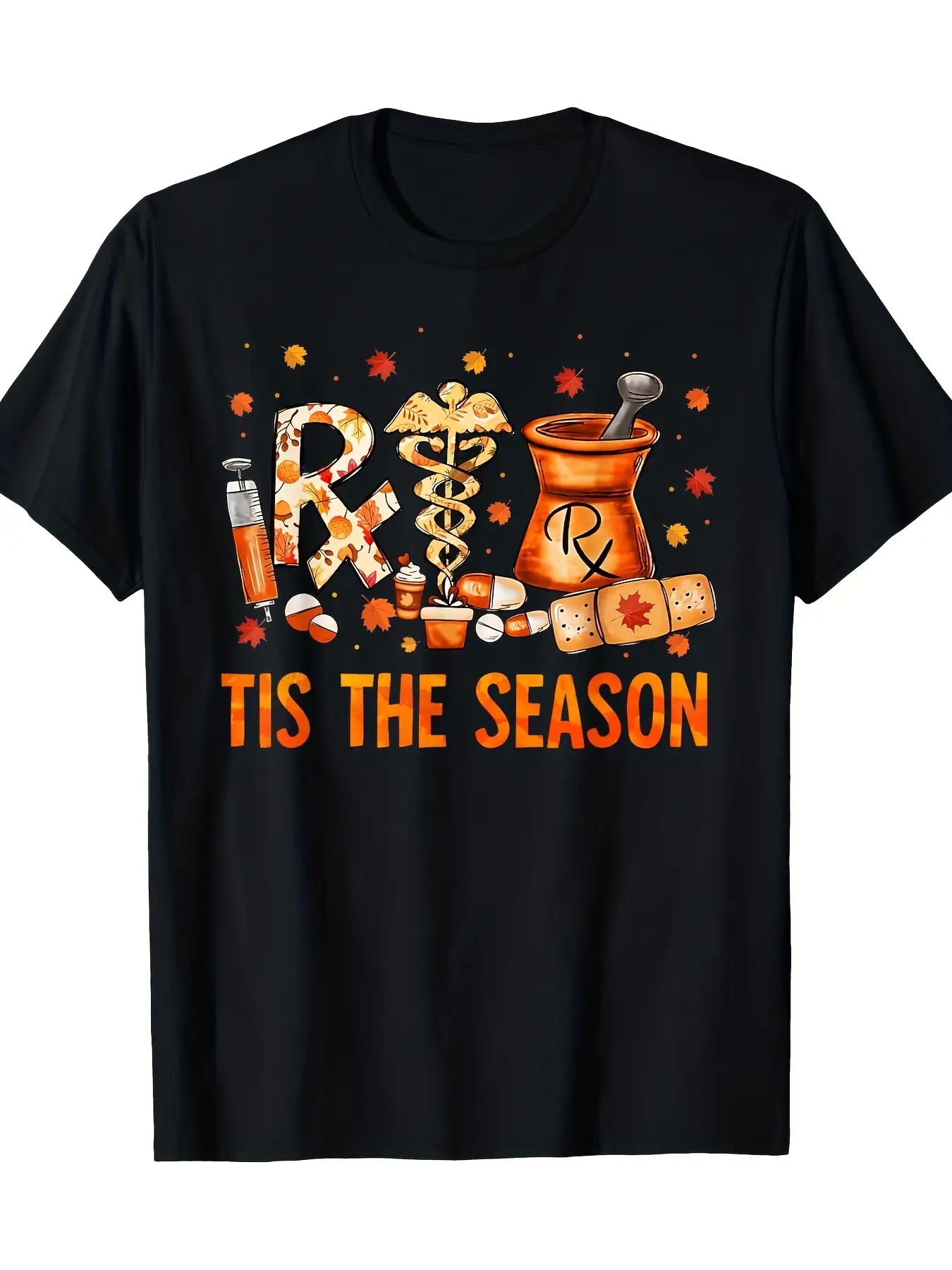 CPhT Pharmacist Autumn Theme T-shirt-Tis The Season Medical Pattern T-shirt, Pill Design, 220gsm Heavy 100% Leisure Crewneck Short Sleeve Shirt, Suitable..., moisture-wicking, vintage vibe, for men, outdoor activities