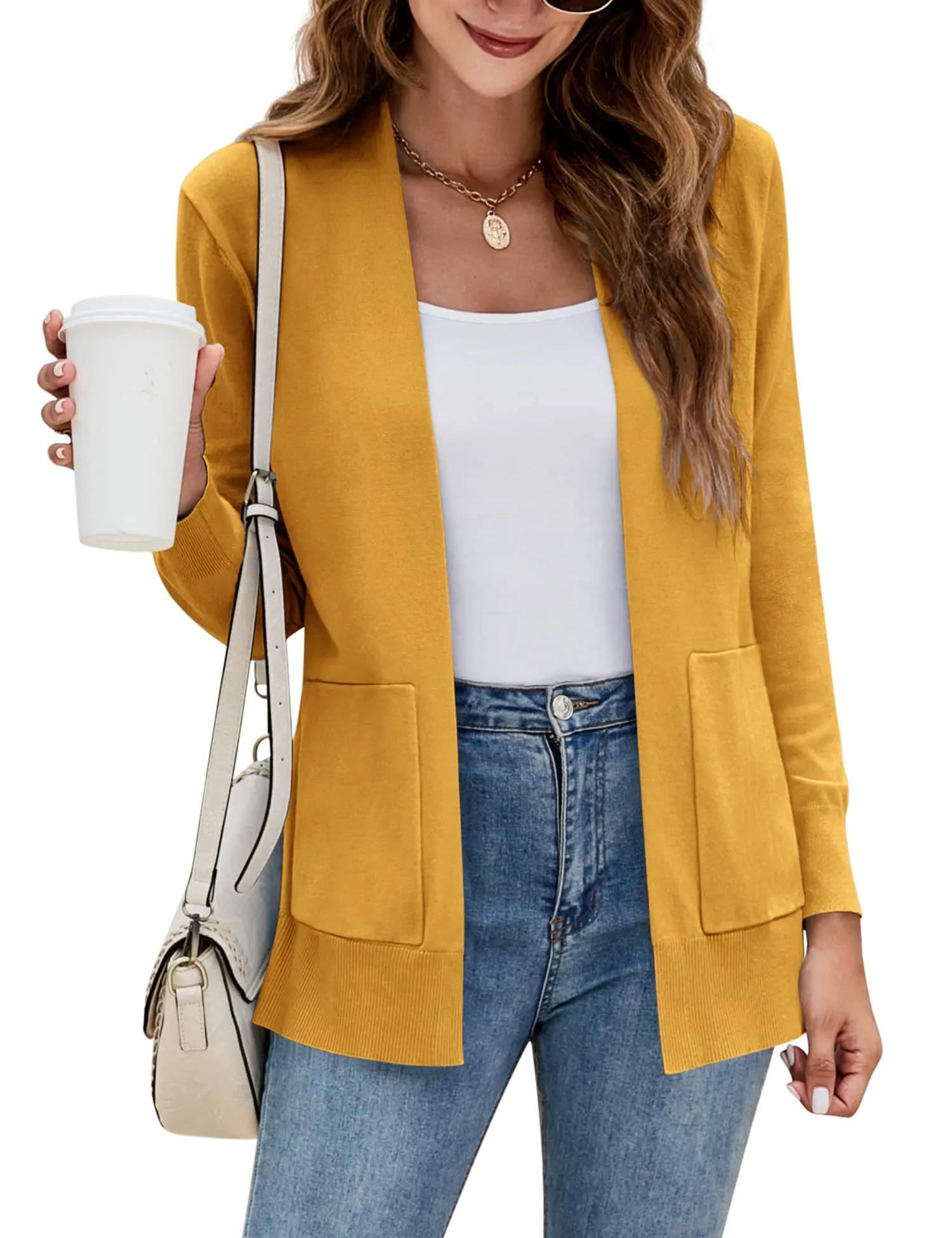 Goranbon Women's Long Sleeve Open Front Knit Cardigan with Pockets, Tan, Size S - Versatile for Outdoor Wear, Pair with Leggings/T-Shirt, Nylon-Blend Fabric