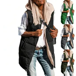 Plus Size Women’s Warm Reversible Fleece Vest - Zip-Up Hooded Sleeveless Long Outerwear with Pockets